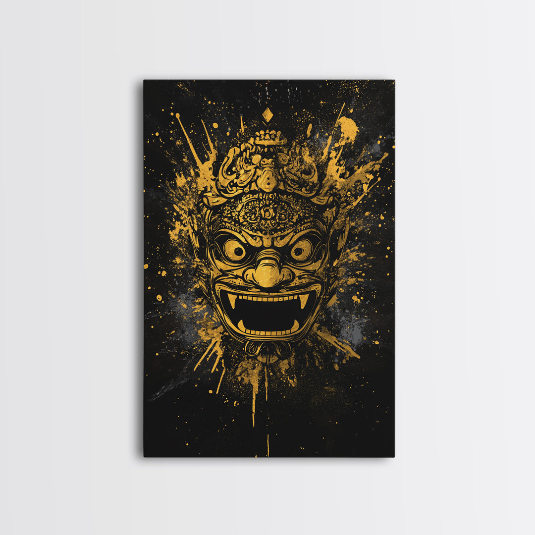 Balinese Barong Mask Gold Canvas Print, Tribal Wall Art, Mythical Creature Artwork, Real Wood Frame, Unique Home Decor