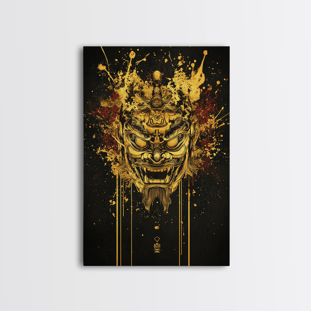 Tibetan Demon Mask Gold Canvas Print, Spiritual Wall Art, Fierce Mythical Face Art, Real Wood Frame, Bold Statement Decor