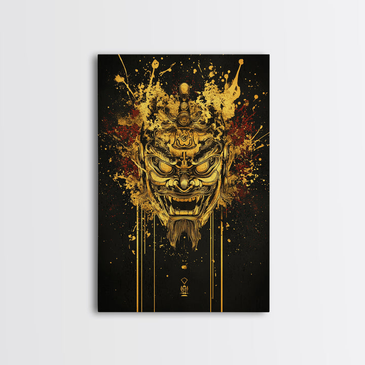 Tibetan Demon Mask Gold Canvas Print, Spiritual Wall Art, Fierce Mythical Face Art, Real Wood Frame, Bold Statement Decor