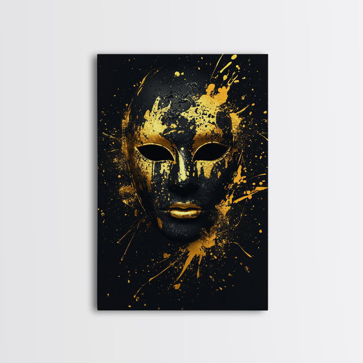 Venetian Mask Gold Canvas Print, Elegant Wall Art, Luxury Mask Artwork, Real Wood Frame, Dramatic Splatter Effect Home Decor