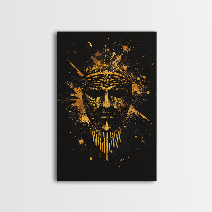 Ancient Warrior Mask Gold Canvas Print, Historical Wall Art, Tribal Battle Mask Artwork, Real Wood Frame, Striking Home Accent