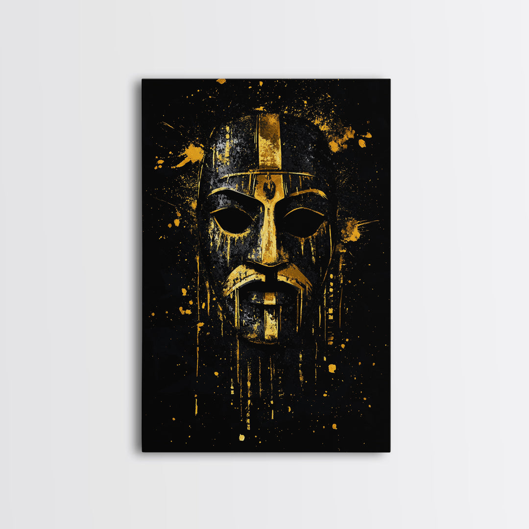 Medieval Mask Gold Canvas Print, Warrior Face Wall Art, Historic Armor Artwork, Real Wood Frame, Bold Statement Home Decor