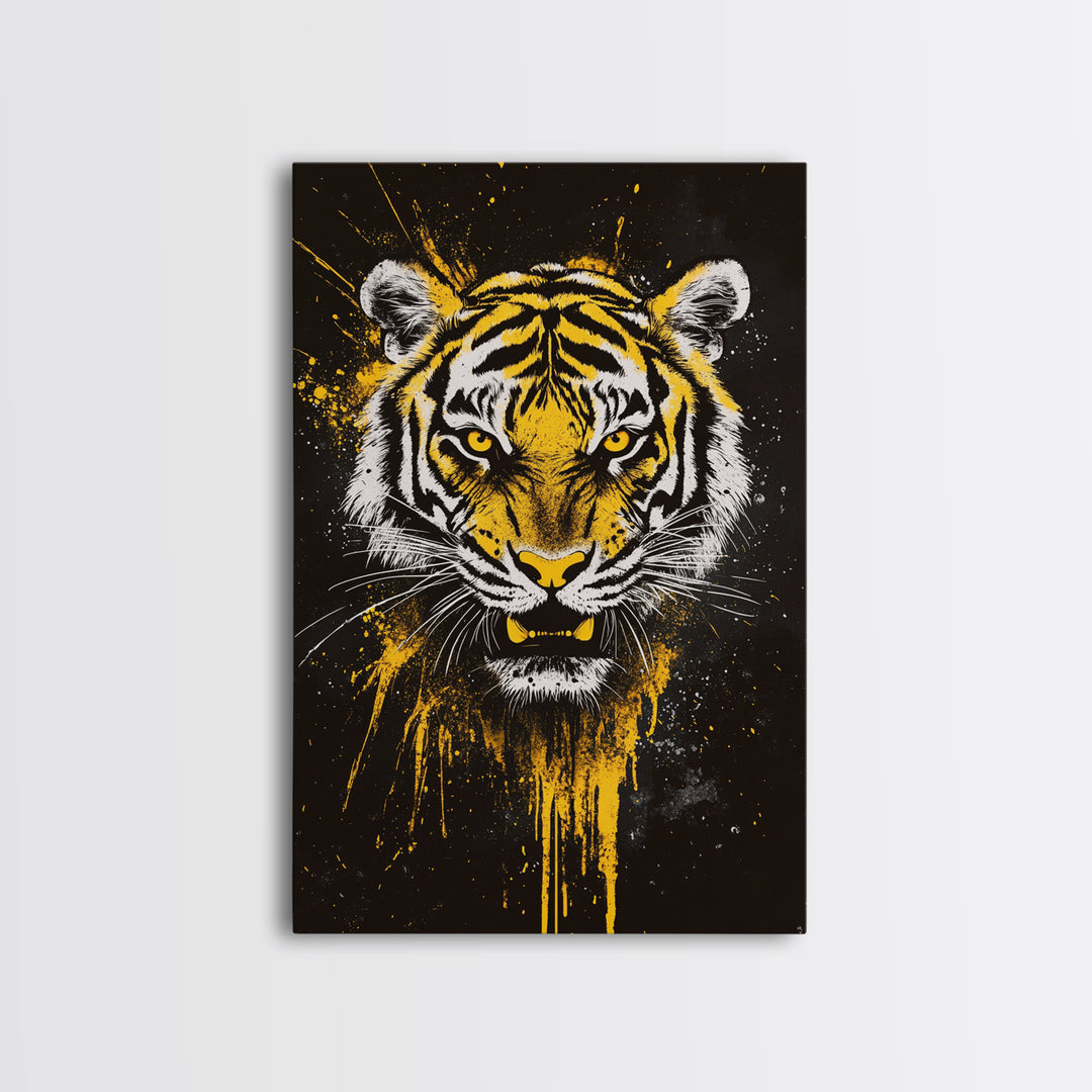 Tiger Face Gold Canvas Print, Wildlife Wall Art, Jungle Animal Artwork, Real Wood Frame, Fierce Predator Home Accent