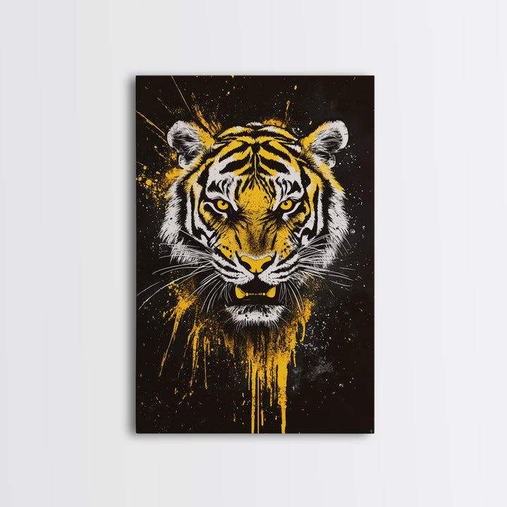 Tiger Face Gold Canvas Print, Wildlife Wall Art, Jungle Animal Artwork, Real Wood Frame, Fierce Predator Home Accent