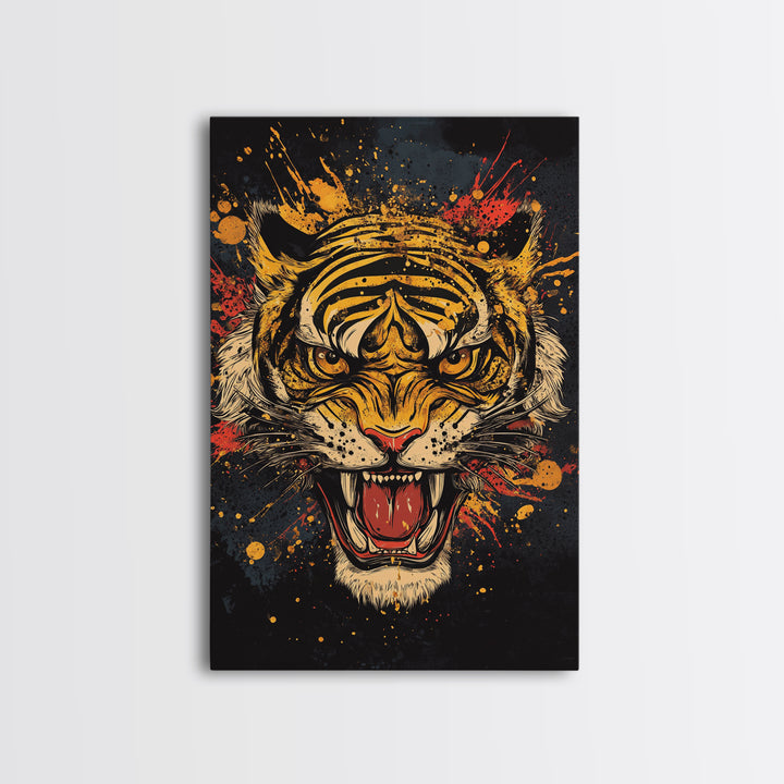 Roaring Tiger Gold Canvas Print, Wildlife Wall Art, Bold Jungle Cat Artwork, Real Wood Frame, Intense Animal Decor For Home