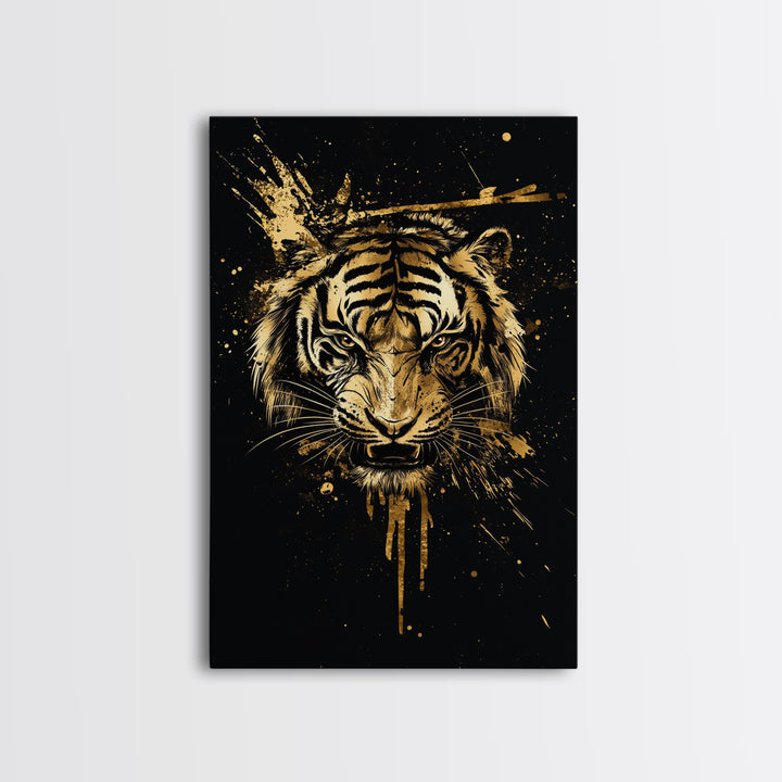 Tiger Head Gold Canvas Print, Fierce Jungle Cat Wall Art, Animal Spirit Artwork, Real Wood Frame, Powerful Wildlife Home Decor