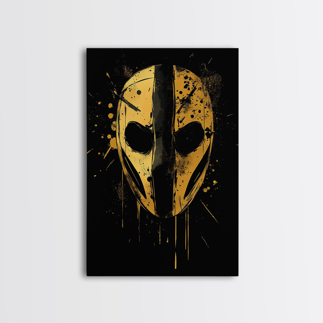 Abstract Mask Gold Canvas Print, Tribal Wall Art, Mysterious Face Artwork, Real Wood Frame, Bold Splatter Paint Effect Decor