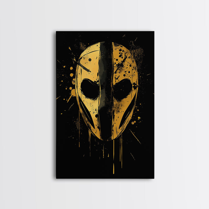 Abstract Mask Gold Canvas Print, Tribal Wall Art, Mysterious Face Artwork, Real Wood Frame, Bold Splatter Paint Effect Decor