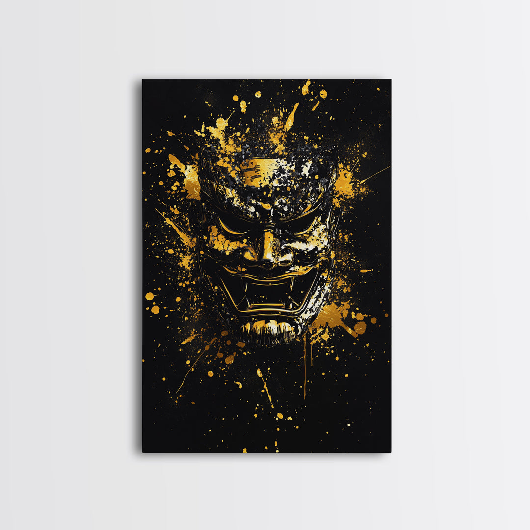 Samurai Mask Gold Canvas Print, Japanese Warrior Art, Splatter Style Wall Decor, Fierce Samurai Artwork, Real Wood Framed