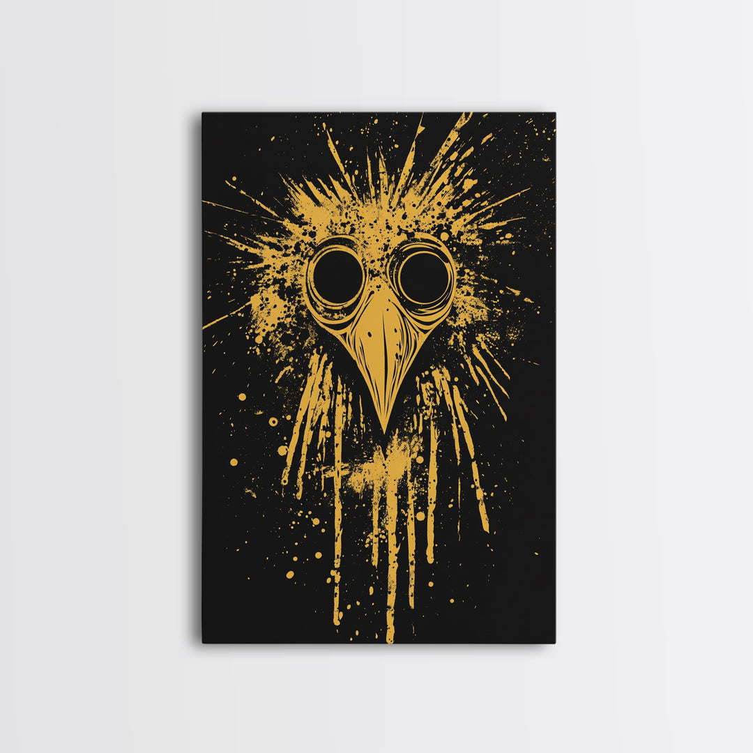 Plague Doctor Mask Gold Canvas Print, Gothic Splatter Art, Dark Fantasy Wall Decor, Unique Gothic Artwork, Real Wood Framed