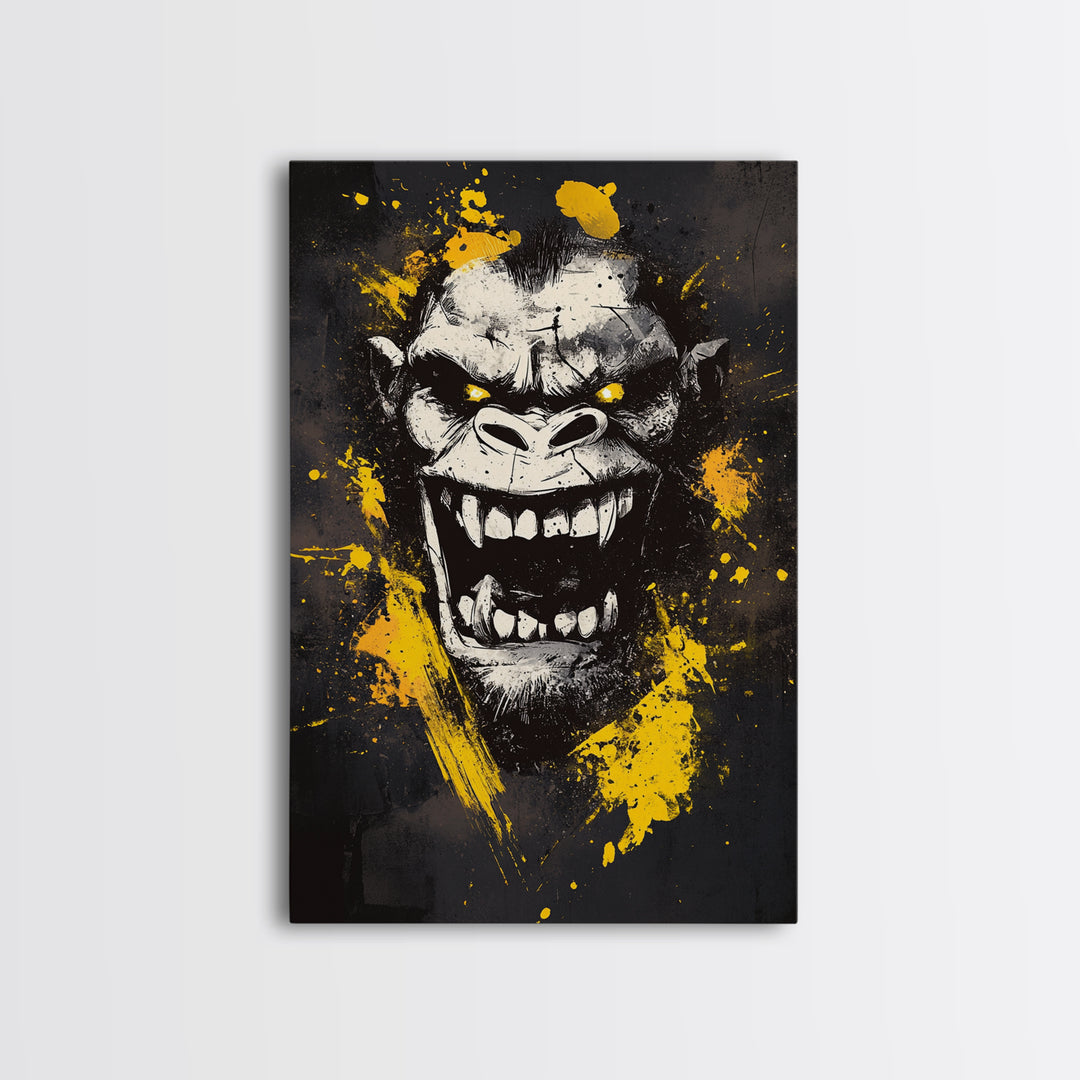 Gorilla Face Gold Canvas Print, Wild Splatter Art, Bold Jungle Wall Decor, Fierce Animal Artwork, Real Wood Framed