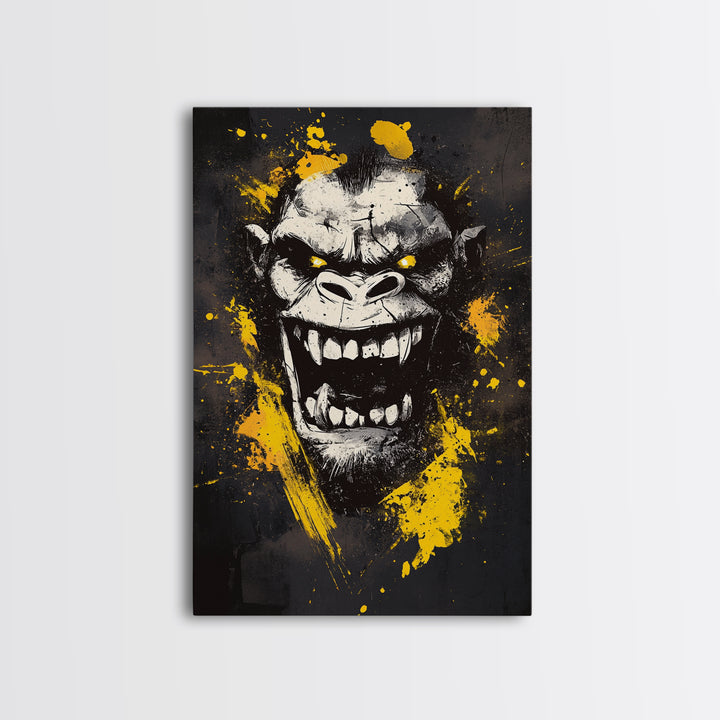 Gorilla Face Gold Canvas Print, Wild Splatter Art, Bold Jungle Wall Decor, Fierce Animal Artwork, Real Wood Framed