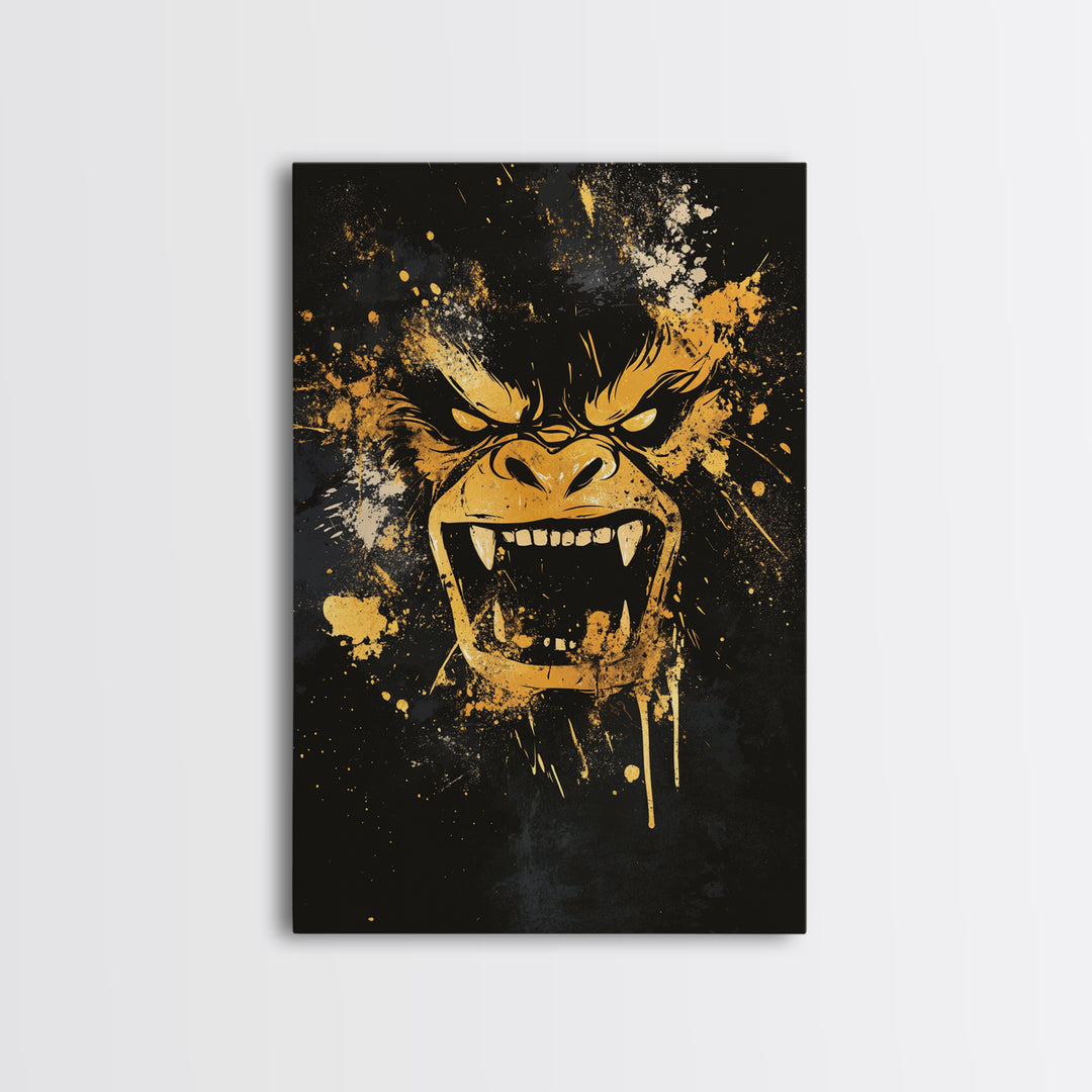 Angry Gorilla Gold Canvas Print, Tribal Splatter Art, Primal Jungle Wall Decor, Bold Animal Artwork, Real Wood Framed