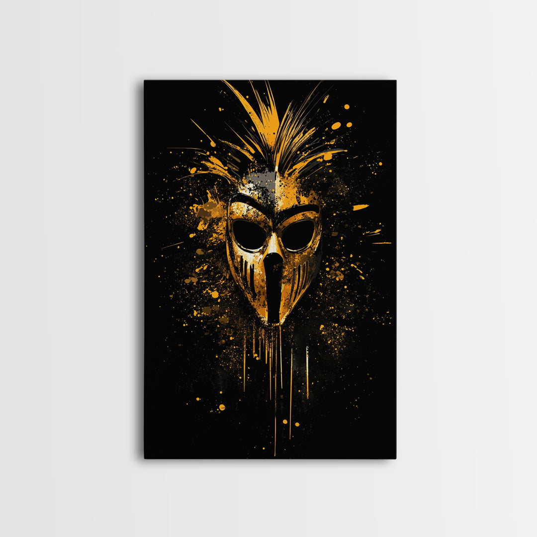 Tribal Warrior Mask Gold Canvas Print, African Inspired Splatter Art, Bold Tribal Wall Decor, Fierce Artwork, Real Wood Framed