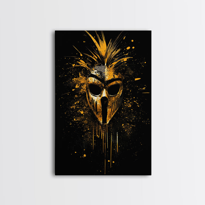 Tribal Warrior Mask Gold Canvas Print, African Inspired Splatter Art, Bold Tribal Wall Decor, Fierce Artwork, Real Wood Framed