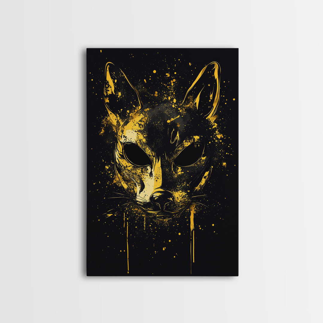 Cat Mask Gold Canvas Print, Mystical Splatter Art, Animal Spirit Wall Decor, Unique Feline Artwork, Real Wood Framed