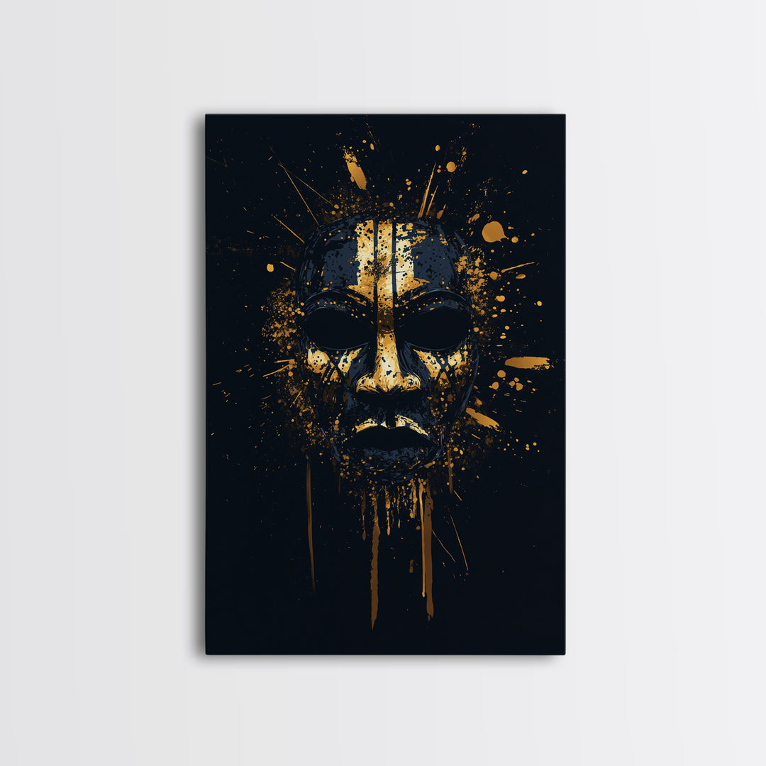 Tribal Splatter Mask Gold Canvas Print, Bold Cultural Art, Unique Splatter Wall Decor, Ethnic Mask Artwork, Real Wood Framed