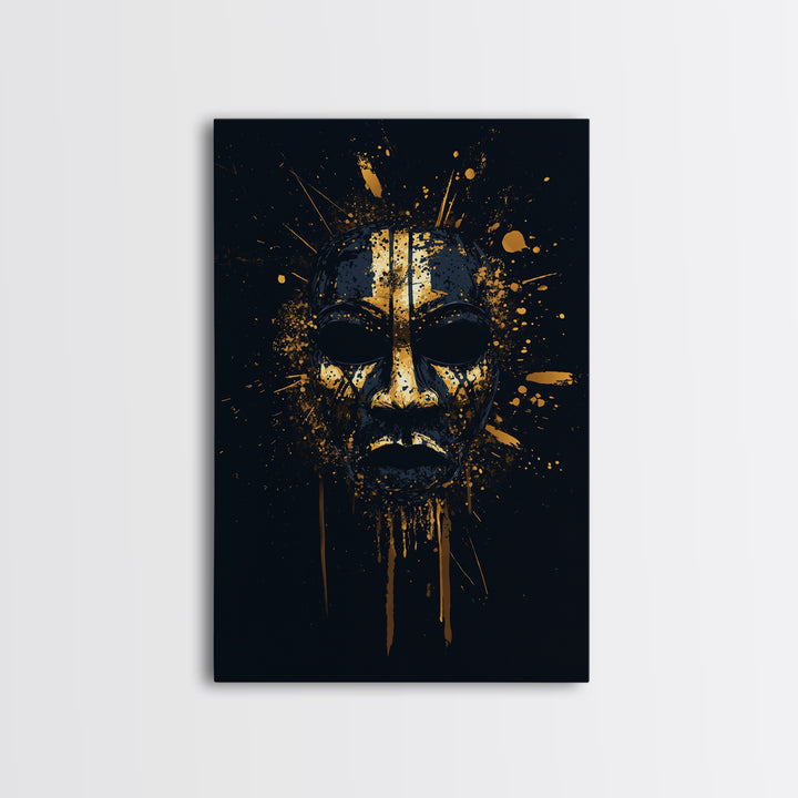 Tribal Splatter Mask Gold Canvas Print, Bold Cultural Art, Unique Splatter Wall Decor, Ethnic Mask Artwork, Real Wood Framed