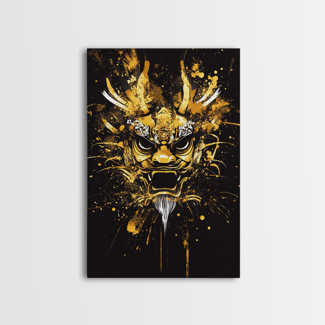 Dragon Mask Gold Canvas Print, Mythical Splatter Art, Asian Inspired Wall Decor, Fierce Dragon Artwork, Real Wood Framed