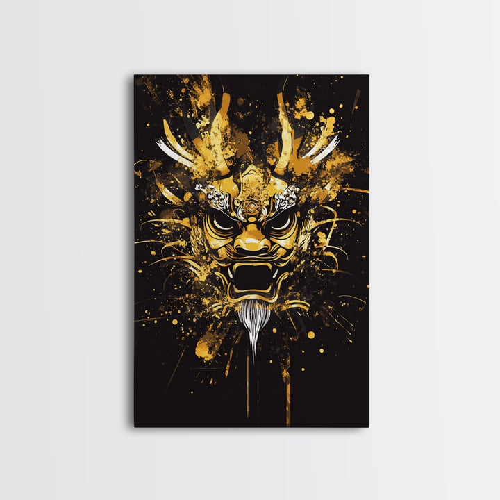Dragon Mask Gold Canvas Print, Mythical Splatter Art, Asian Inspired Wall Decor, Fierce Dragon Artwork, Real Wood Framed
