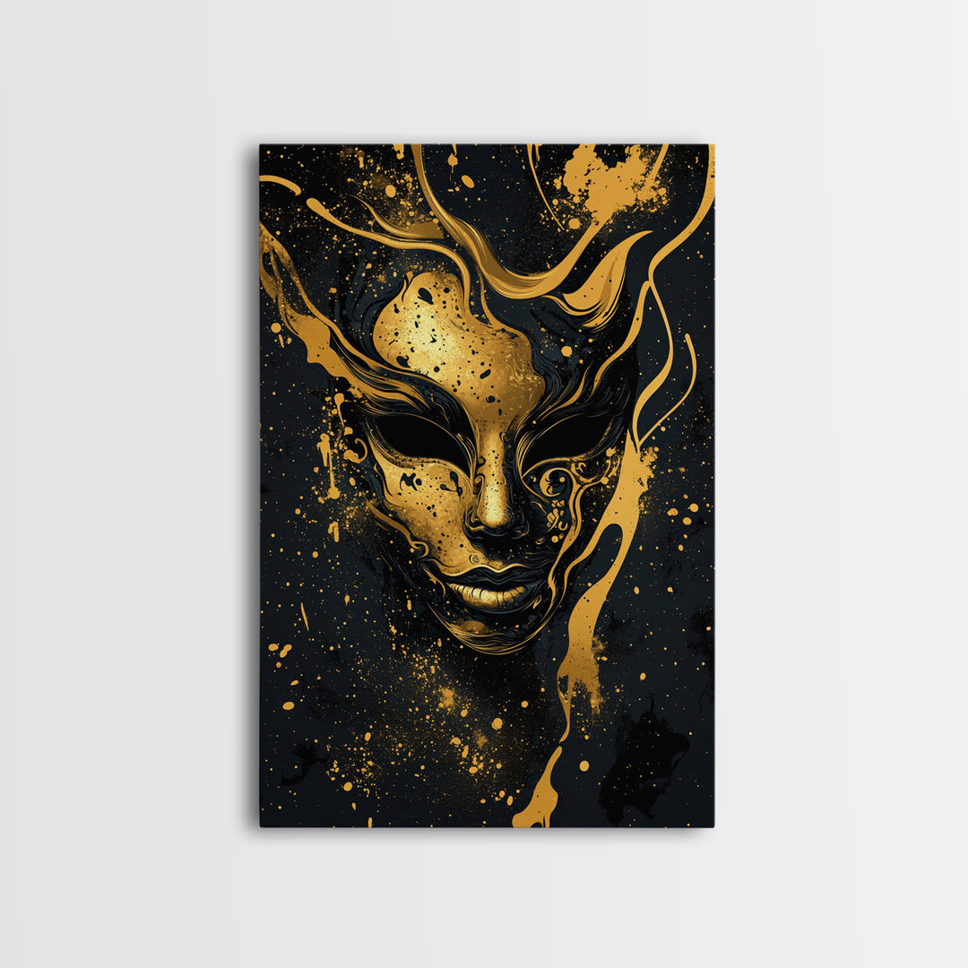 Abstract Face Mask Gold Canvas Print, Surreal Splatter Art, Bold Modern Wall Decor, Unique Artistic Artwork, Real Wood Framed