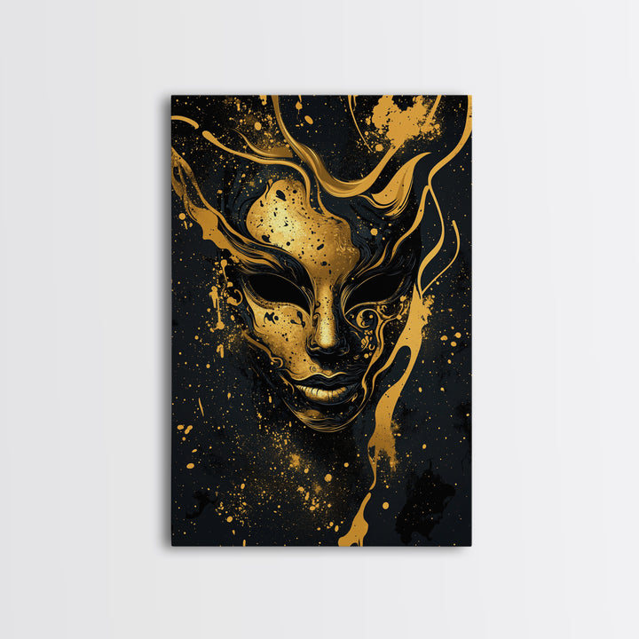 Abstract Face Mask Gold Canvas Print, Surreal Splatter Art, Bold Modern Wall Decor, Unique Artistic Artwork, Real Wood Framed