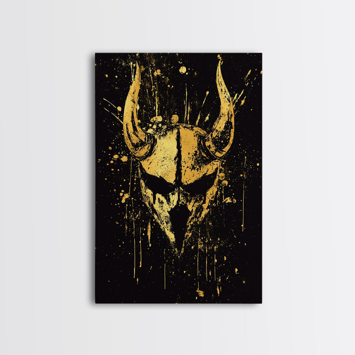 Viking Horned Helmet Gold Canvas Print, Bold Warrior Decor, Mythology Wall Art, Real Wood Framed Canvas Artwork