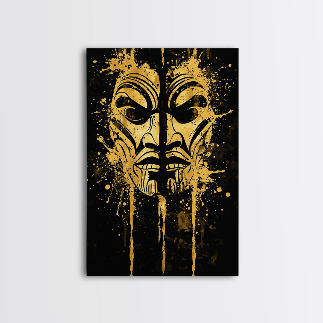 Tribal Warrior Mask Gold Canvas Print, Maori Inspired Art, Ethnic Wall Decor, Real Wood Framed Gold Canvas Artwork
