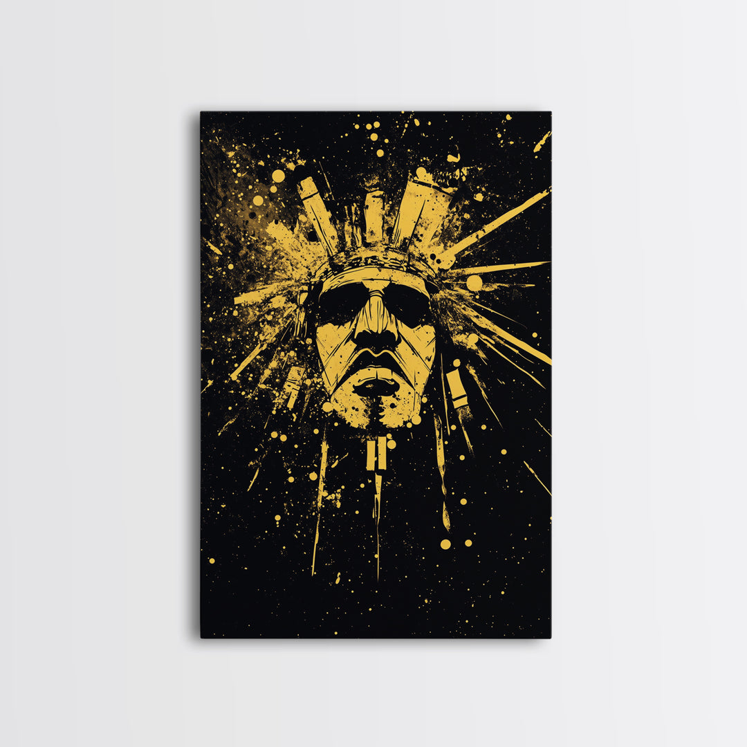 Ancient Sun God Gold Canvas Print, Tribal Deity Wall Decor, Mystical Home Art, Real Wood Framed Statement Artwork