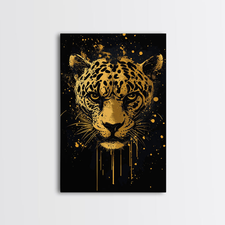 Leopard Head Gold Canvas Print, Jungle Cat Wall Art, Animal Spirit Decor, Real Wood Framed Fierce Modern Artwork