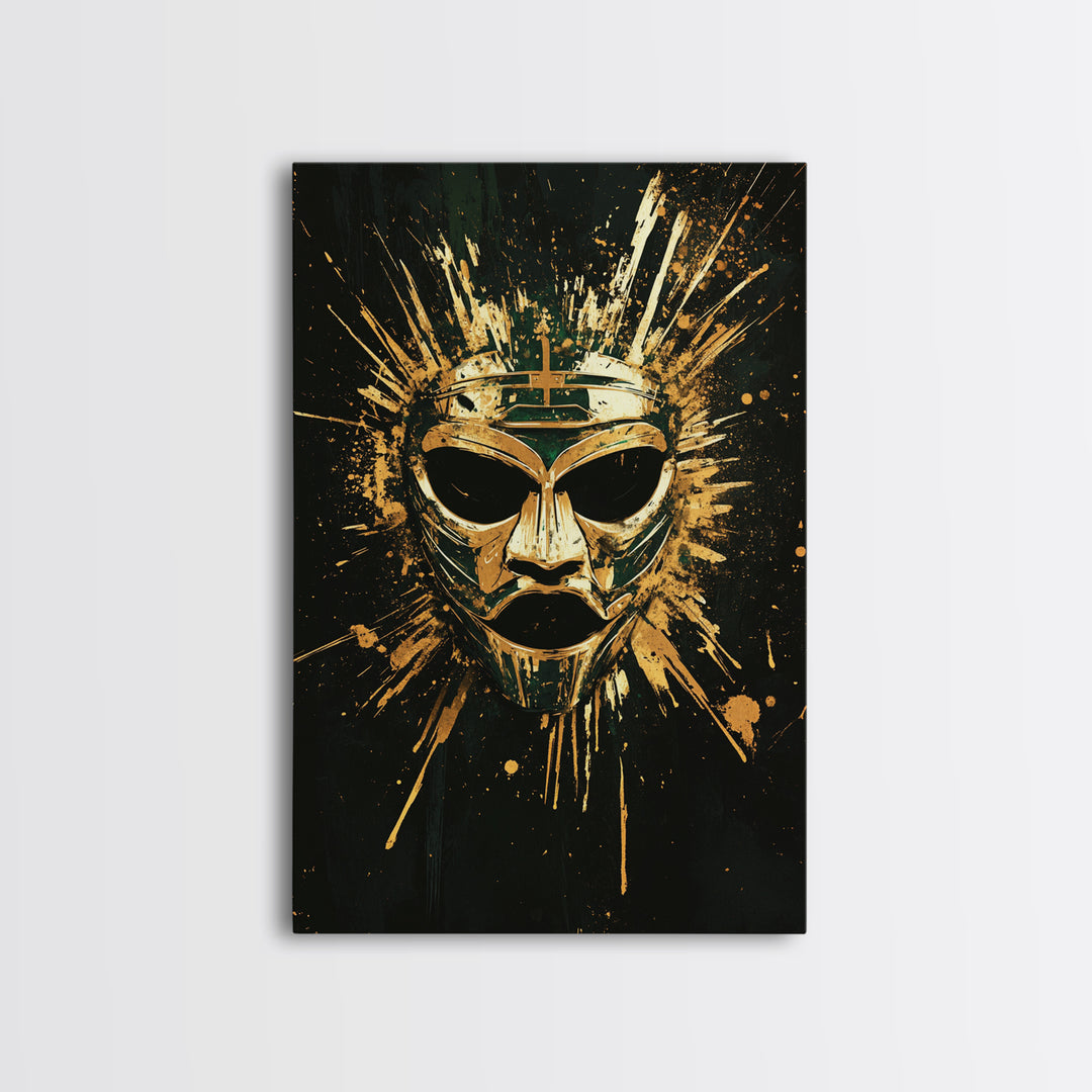 Ancient Warrior Mask Gold Canvas Print, Mythology Wall Decor, Spiritual Protection Art, Real Wood Framed Artwork