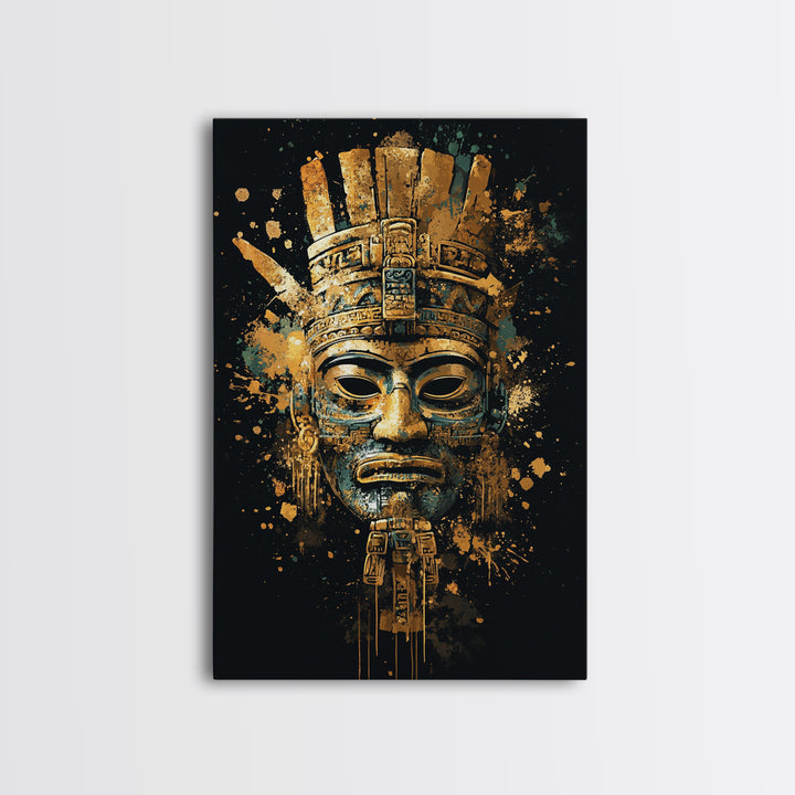 Mayan Inspired Mask Gold Canvas Print, Ancient Civilization Art, Tribal Wall Decor, Real Wood Framed Gold Artwork