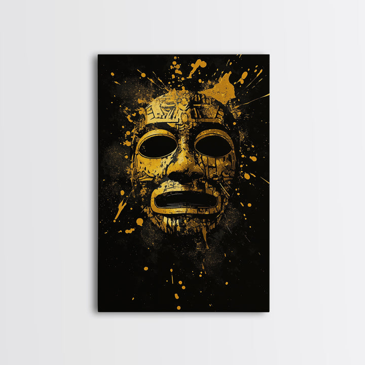 Aztec Mask Gold Canvas Print, Ancient Mythology Art, Tribal Wall Decor, Real Wood Framed Cultural Gold Artwork