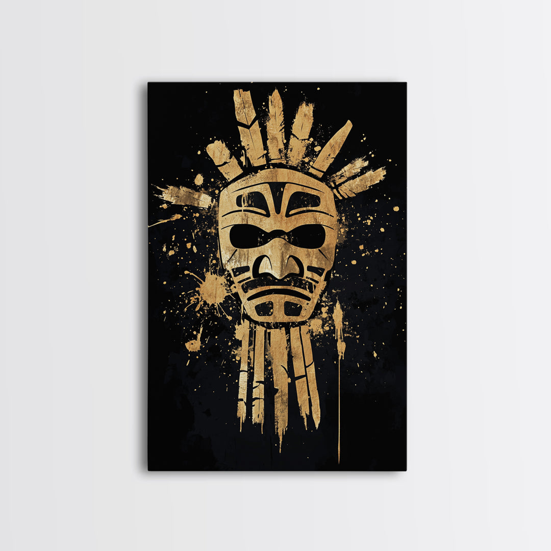 Tribal Sun Mask Gold Canvas Print, Ancestral Wall Art, Sacred Symbol Decor, Real Wood Framed Mystical Gold Artwork