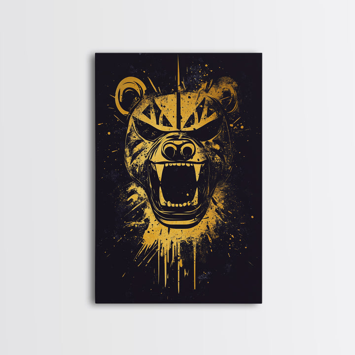 Fierce Bear Gold Canvas Print, Tribal Bear Art, Modern Canvas Wall Decor, Real Wood Frame, Bold Animal Artwork