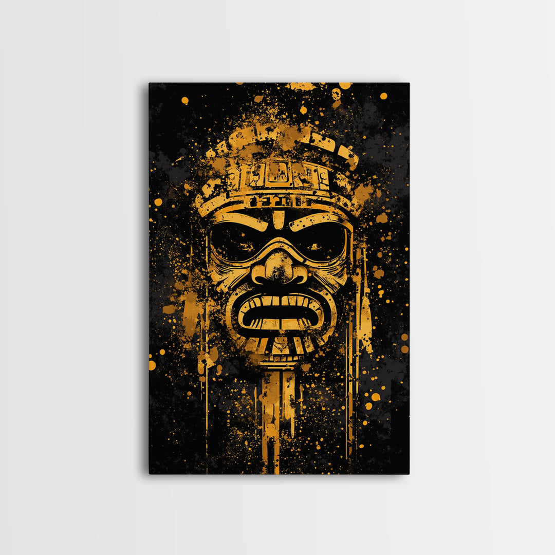Ancient Tribal Mask Gold Canvas Print, Cultural Art, Bold Splatter Wall Decor, Real Wood Frame, Dramatic Mask Artwork