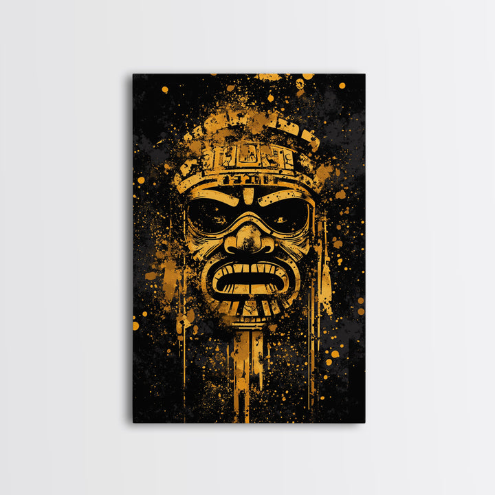 Ancient Tribal Mask Gold Canvas Print, Cultural Art, Bold Splatter Wall Decor, Real Wood Frame, Dramatic Mask Artwork