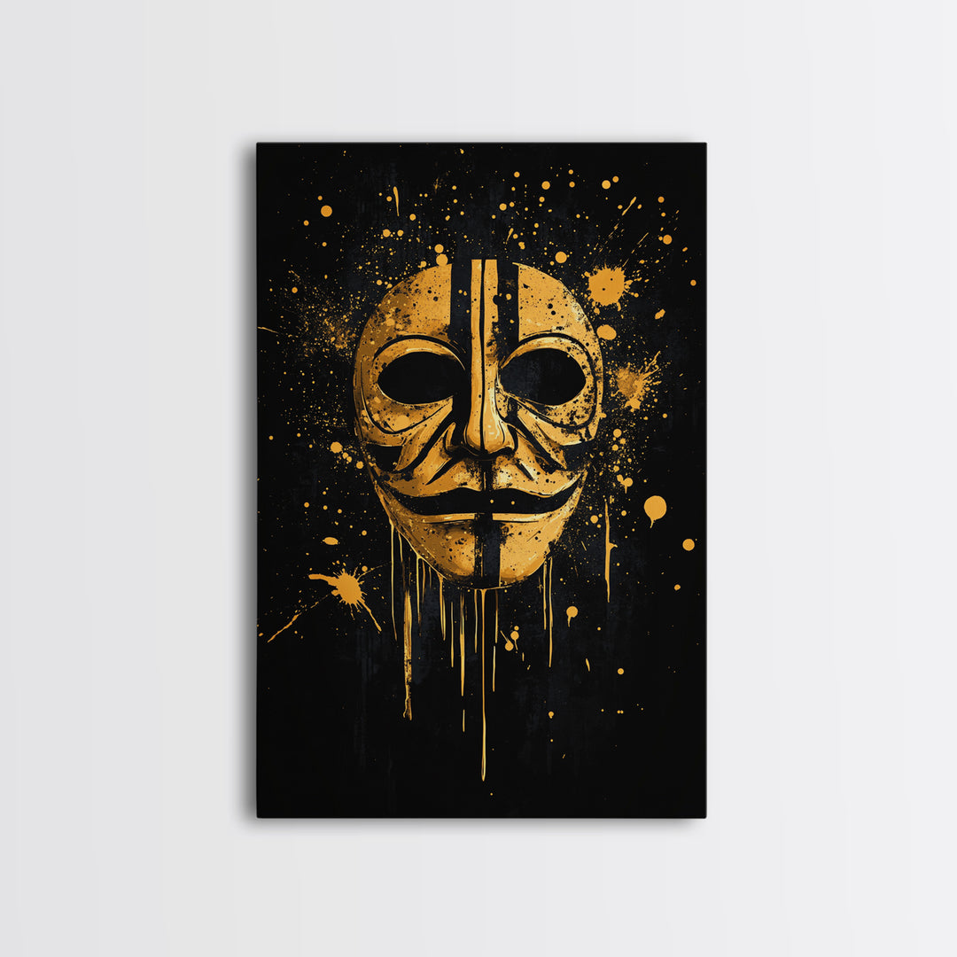 Mystical Mask Gold Canvas Print, Abstract Tribal Art, Splatter Canvas Wall Decor, Real Wood Frame, Modern Statement Artwork