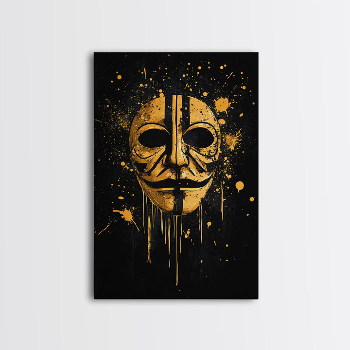Mystical Mask Gold Canvas Print, Abstract Tribal Art, Splatter Canvas Wall Decor, Real Wood Frame, Modern Statement Artwork