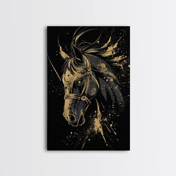 Majestic Horse Gold Canvas Print, Equestrian Wall Art, Splatter Style Decor, Real Wood Frame, Bold Animal Artwork