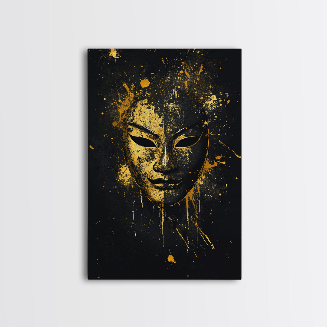 Elegant Tribal Face Gold Canvas Print, Abstract Cultural Mask Art, Modern Wall Decor, Real Wood Frame, Splatter Artwork