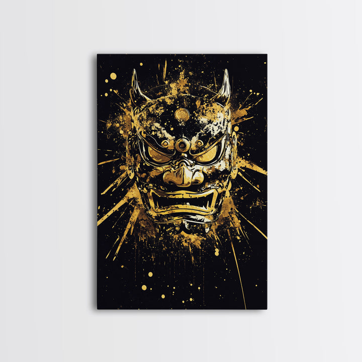 Demon Mask Gold Canvas Print, Fierce Samurai Style Art, Splatter Wall Decor, Real Wood Frame, Bold Statement Artwork