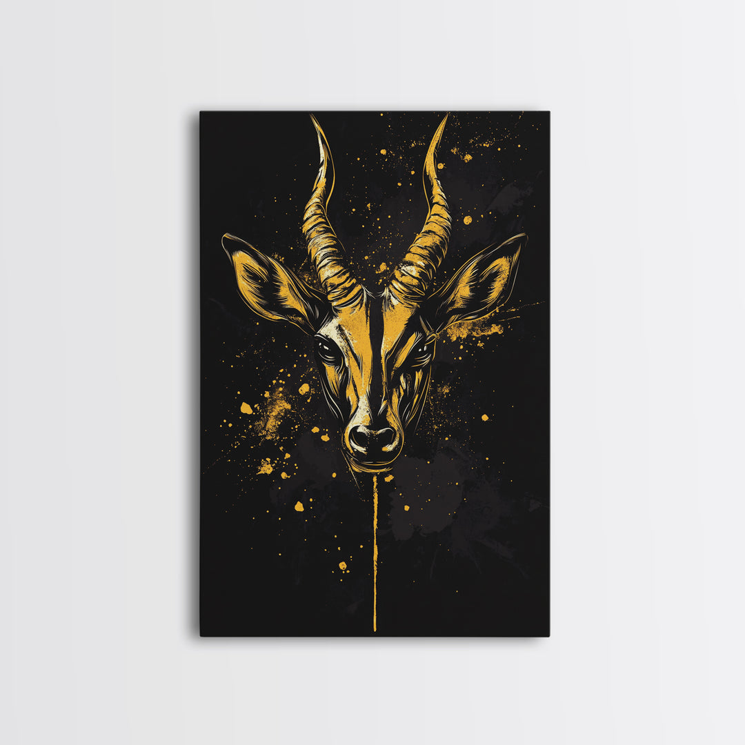 Antelope Head Gold Canvas Print, Wildlife Art, Splatter Animal Decor, Real Wood Frame, Bold Tribal Inspired Artwork