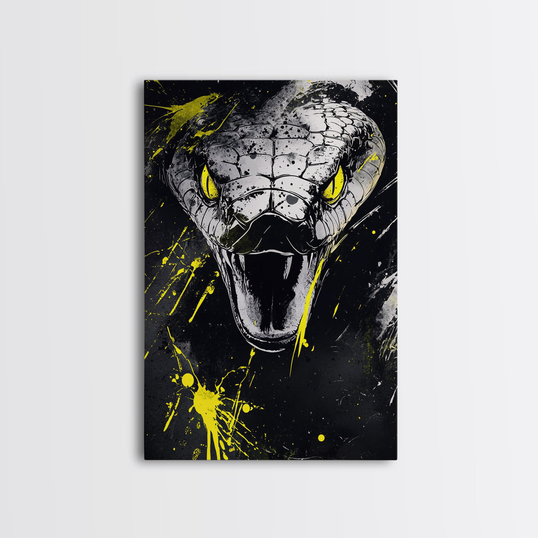 Viper Snake Gold Canvas Print, Venomous Reptile Art, Bold Splatter Wall Decor, Real Wood Frame, Fierce Snake Artwork