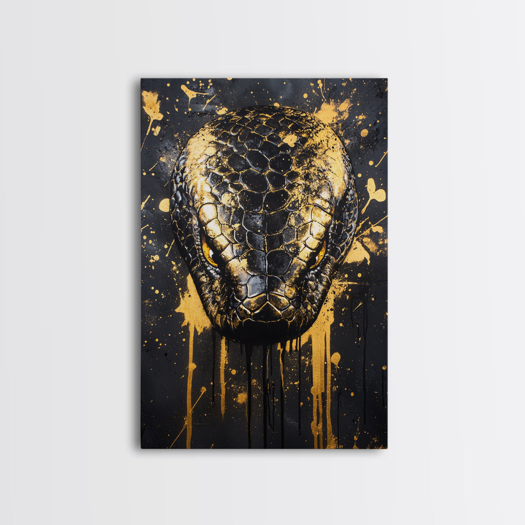 Python Snake Gold Canvas Print, Tribal Reptile Art, Bold Canvas Wall Decor, Real Wood Frame, Splatter Animal Artwork