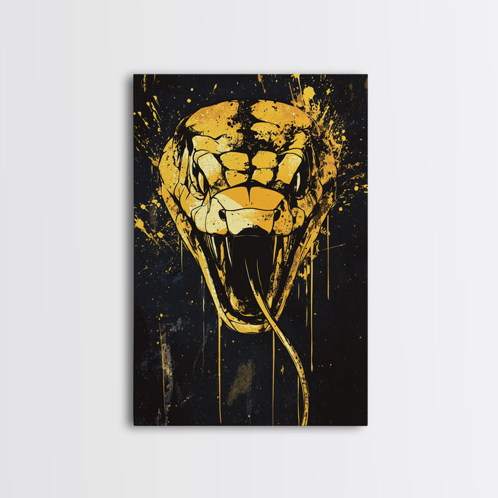 Cobra Head Gold Canvas Print, Fierce Snake Art, Splatter Style Canvas Decor, Real Wood Frame, Bold Animal Statement Artwork