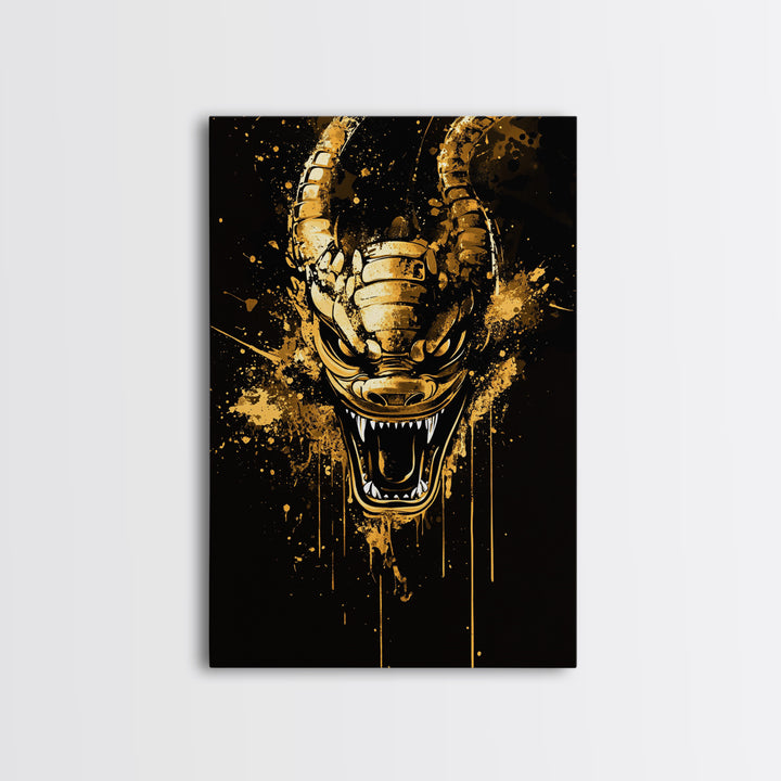 Mythical Dragon Face Artwork,Modern Fantasy Wall Decor,Real Wood Frame,Bold Creature Art,Striking Home Accent