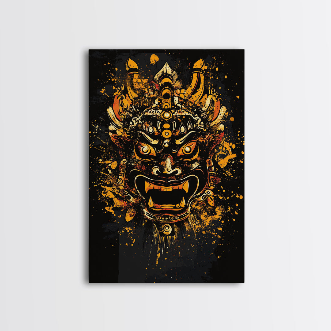 Fierce Demon Mask Artwork,Modern Cultural Wall Decor,Real Wood Frame,Bold Mythical Art,Striking Statement Accent
