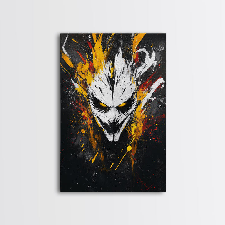 Intense Mask Artwork,Modern Abstract Wall Decor,Real Wood Frame,Bold Fiery Art,Striking Vibrant Statement Piece