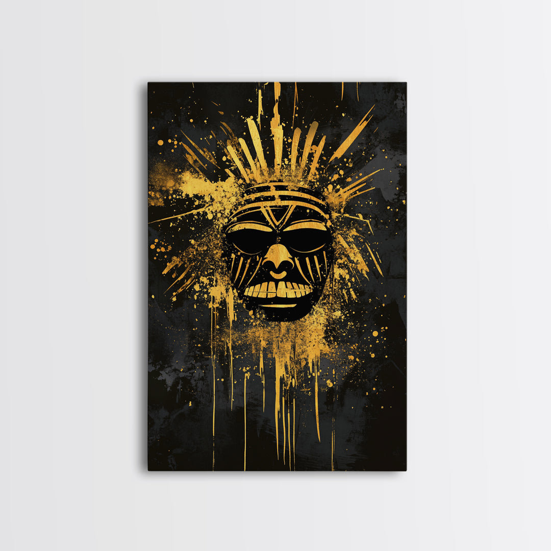 Tribal Sun Mask Gold Canvas Print, Bold Wall Art With Real Wood Frame, Cultural Decor, Splatter Style Artwork